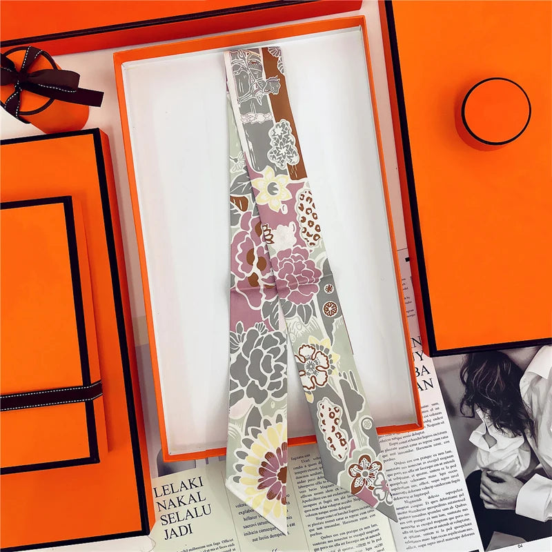 Brand Design Twill 100% Silk Scarf Luxury Print Flowers Scarf Women Foulard Skinny Bag Scarves New Hot Neckerchief Hair Headband