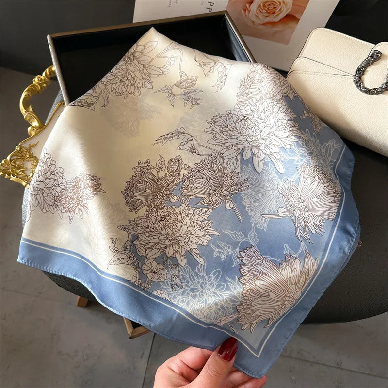 2024 Luxury Floral Print 70cm Square Silk Scarf Women Designer Scarves Bandana Foulard Shawl Hijab Echarpe Hairband Tie Ribbon