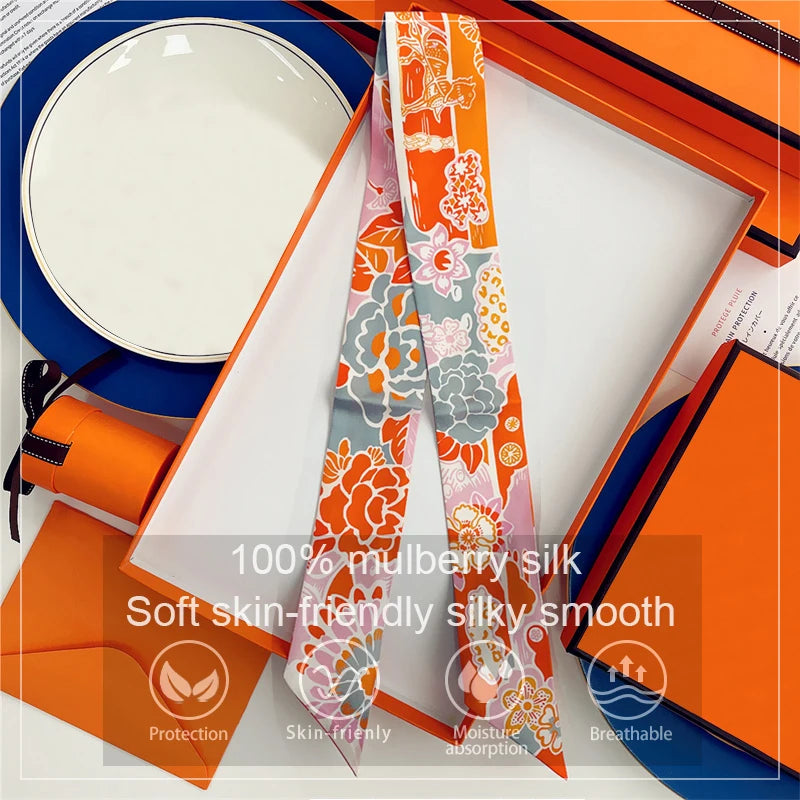 Brand Design Twill 100% Silk Scarf Luxury Print Flowers Scarf Women Foulard Skinny Bag Scarves New Hot Neckerchief Hair Headband