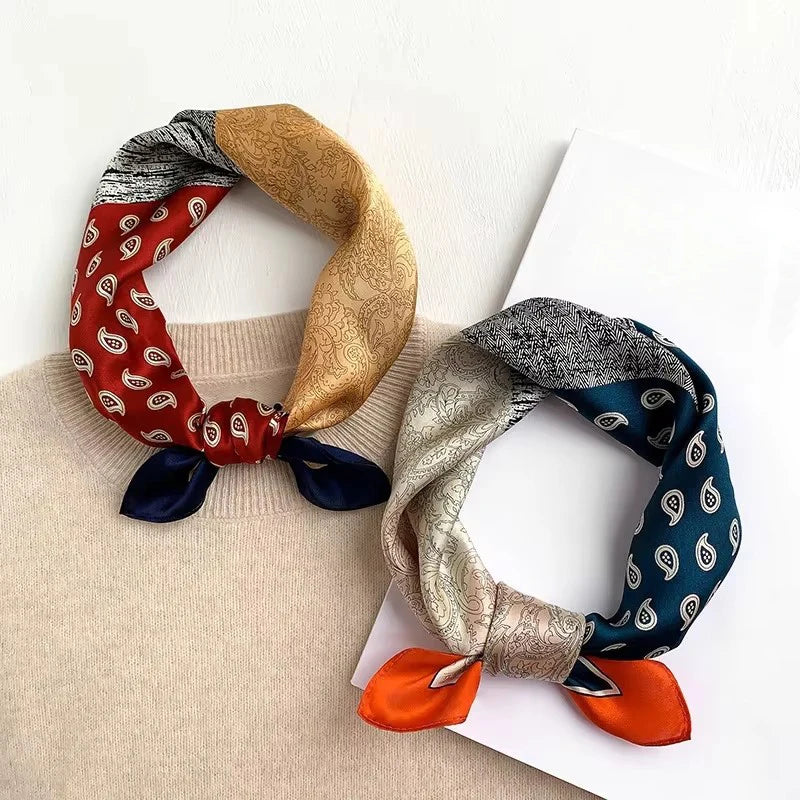 100% Pure Silk Scarf Women Neck Hair Band Foulard Square Small Headband 2026 Fashion Print Neckerchief Scarves Bandana 53*53cm