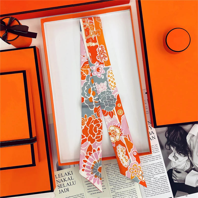 Brand Design Twill 100% Silk Scarf Luxury Print Flowers Scarf Women Foulard Skinny Bag Scarves New Hot Neckerchief Hair Headband